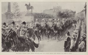 La procesión colonial pasando por Trafalgar Square, las tropas montadas canadienses precediendo al primer ministro de Canadá de William Heysham Overend