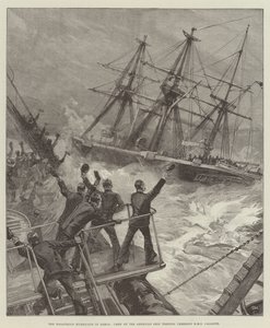 El desastroso huracán en Samoa, la tripulación del barco americano Trenton animando al HMS Calliope de William Heysham Overend