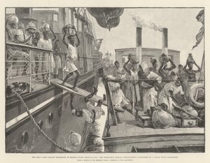 La Expedición de Rescate de Emin Pasha en Banana Point, 18 de marzo de 1887, el Vapor Madura transfiriendo Pasajeros a un Barco de Vapor del Río Congo