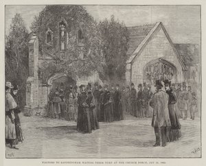 El funeral del difunto Duque de Clarence y Avondale, visitantes a Sandringham esperando su turno en el pórtico de la iglesia, 18 de enero de 1892 de William Heysham Overend