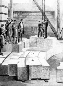 El nuevo faro de Eddystone: El establecimiento de corte de piedra en Oreston, ilustración de 