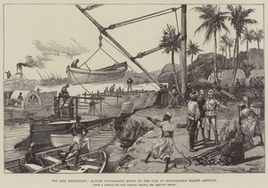 La expedición del Nilo, barcazas descargando botes en el Nilo en la isla de Elefantina, Asuán