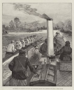 La regata Oxford y Cambridge, el Sr. Muttlebury entrenando al equipo de Cambridge desde un barco de vapor de William Heysham Overend