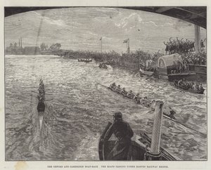 La regata de Oxford y Cambridge, los barcos pasando bajo el Puente del Ferrocarril de Barnes