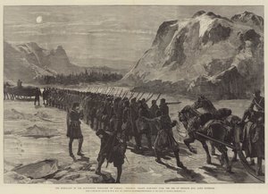 La rebelión en el Territorio del Noroeste de Canadá, tropas coloniales marchando sobre el hielo de la Bahía de Nepigon, Lago Superior