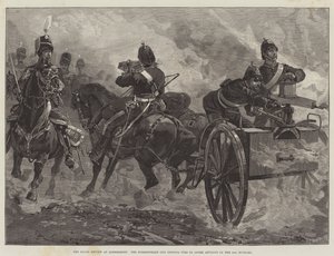 La revisión real en Aldershott, el cañón Nordenfeldt abriendo fuego para cubrir el avance de los 10º Húsares de William Heysham Overend