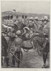 La Visita Real a Aldershot, los Scots Greys trotando frente a la Reina