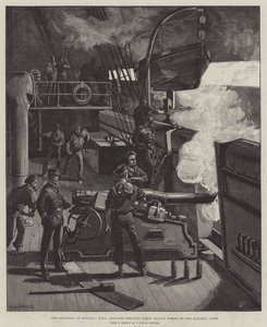 La situación en Souakim, HMS Albacore bombardeando las fuerzas de Osman Digna con luz eléctrica