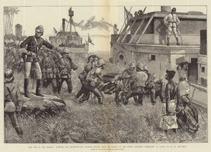La guerra en Sudán, partiendo hacia Jartum, Sir Charles Wilson, con una escolta del regimiento de Sussex, embarcando en Gubat, para subir por el Nilo