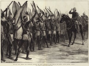 La guerra zulú, el general Lord Chelmsford revisando el contingente nativo en las orillas del Tugela, nativos gritando H-H-Ooo! de William Heysham Overend