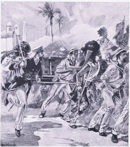 La brigada naval del HMS Shannon en Lucknow, noviembre de 1857, ilustración de British Battles on Land and Sea, 1915 de William Heysham Overend