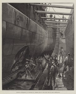Experimentos de torpedos en Portsmouth, daños en el lado de babor del HMS Resistance de William Heysham Overend
