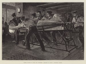 Práctica de torpedos a bordo del HMS Thunderer, preparándose para lanzar un torpedo Whitehead