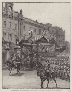 Revisión de voluntarios ante la Reina en el Palacio de Buckingham el sábado pasado, el Cuerpo de Artistas desfilando de William Heysham Overend