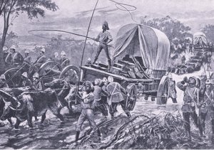 Guerra Zulú: La fuerza de socorro de Estowe cruzando un arroyo, abril de 1879, ilustración de British Battles on Land and Sea, 1915