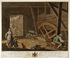 Vista interior de un molino de escutch, Placa V de La Manufactura de Lino de Irlanda, 1791 de William Hincks