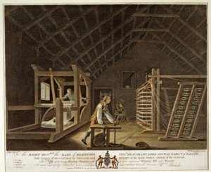 Enrollando, Urdiendo con un Nuevo Molino de Urdiembre Mejorado y Tejiendo, placa VII de La Fábrica de Lino de Irlanda, 1791 de William Hincks