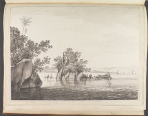 Vista de una roca aislada en el río Ganges en Jangerah [Jahangira] de William Hodges