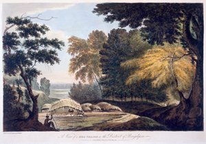 Pueblo en la colina en el distrito de Bauhelepoor, 1787 (aguafuerte)