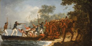 Desembarco en Erramanga (Eromanga), una de las Nuevas Hébridas de William Hodges