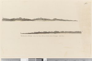 Página 3 Perfil de la Isla de San Jago, Isla de Cabo Verde. Titulado La Isla de San Jago donde el punto D lleva WSW distante 3 leguas de William Hodges