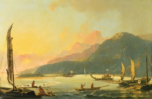 Galeras de guerra tahitianas en la bahía de Matavai, Tahití