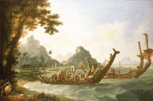 Los barcos de guerra de la isla de Otaheite (Tahití) y de las Islas de la Sociedad, con una vista de parte del puerto de Ohaneneno, en la isla de Ulieta, una de las Islas de la Sociedad.