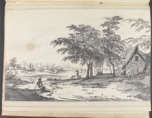 Vista de un pueblo indígena con un hombre sentado en primer plano de William Hodges