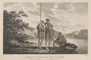 Vista de la Bahía de las Islas (Dusky Bay) (Nueva Zelanda), con una familia maorí. Grabado (33,9x47,1 cm) a partir de un dibujo de William Hodges (1744-1797), hacia 1785. de William Hodges