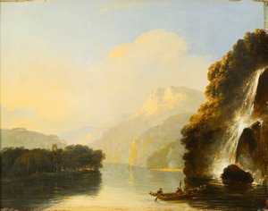 Cascada en Dusky Bay con una canoa maorí
