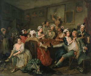 El Progreso de un Libertino III: El Libertino en la Taberna de la Rosa de William Hogarth