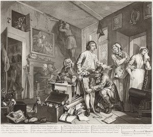 El progreso de un libertino, Placa 1: El libertino tomando posesión de su herencia de William Hogarth
