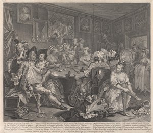 La carrera de un libertino, lámina 3: Se entrega al desenfreno de William Hogarth