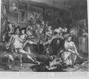 El progreso de un libertino, Placa 3, La escena de la taberna de William Hogarth