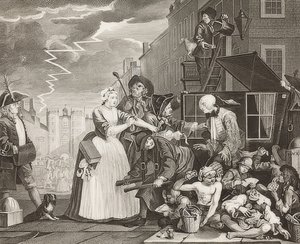 El progreso de un libertino, lámina 4: El libertino arrestado, yendo a la corte / El camino de un libertino, lámina 4: Tom Rakewell arrestado y rescatado. 1735 de William Hogarth