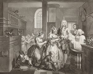 El progreso de un libertino, lámina 5: El libertino casándose con una anciana rica. 1735 de William Hogarth