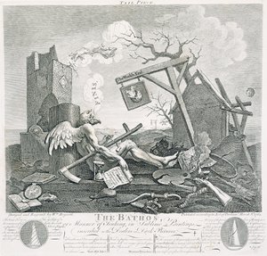 Bathos, Manera de Hundirse, en Pinturas Sublimes dedicado a los Comerciantes de Cuadros Oscuros, 1764 de William Hogarth