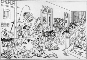 Institución mental Bedlam, grabado de la serie El progreso del libertino, por William Hogarth
