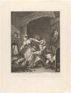 "Antes
Un hombre tira de una mujer que se resiste hacia él en un dormitorio
Antes (título en el objeto)
Antes y después (título de la serie)
Antes y después (título de la serie) de William Hogarth