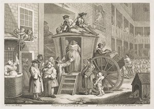 La diligencia o el patio de la posada en el campo de William Hogarth