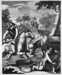 Don Quijote toma el bacín del barbero por el yelmo de Mambrino de William Hogarth