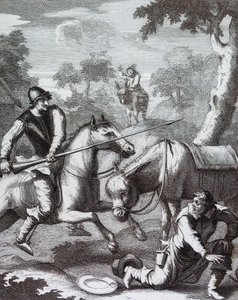 Don Quijote se apodera del masón del barbero por el casco de Mambrino