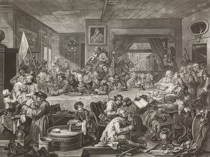 Cuatro impresiones de una elección / Die Parlamentswahlen. Blatt 1: Un entretenimiento electoral de William Hogarth