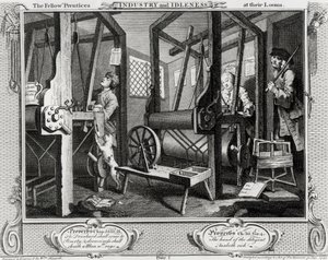 Industria y Ociosidad, Los Compañeros Aprendices en sus Telares, placa 1 de William Hogarth