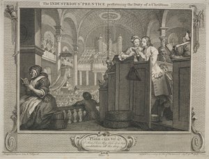 Industria y Ociosidad: El Aprendiz Industrioso Realizando el Deber de un Cristiano, 1747 de William Hogarth