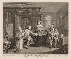 Matrimonio a la moda: La escena con el charlatán de William Hogarth