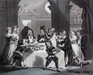 Sancho en el banquete, muerto de hambre por su médico por William Hogarth