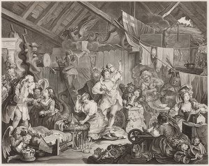 Actrices ambulantes vistiéndose en un granero. 1738