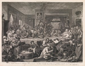 La elección, lámina 1: «Un banquete electoral» de William Hogarth