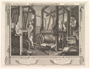 Los aprendices en sus telares Industria y Ociosidad, placa 1, 30 de septiembre de 1747 de William Hogarth